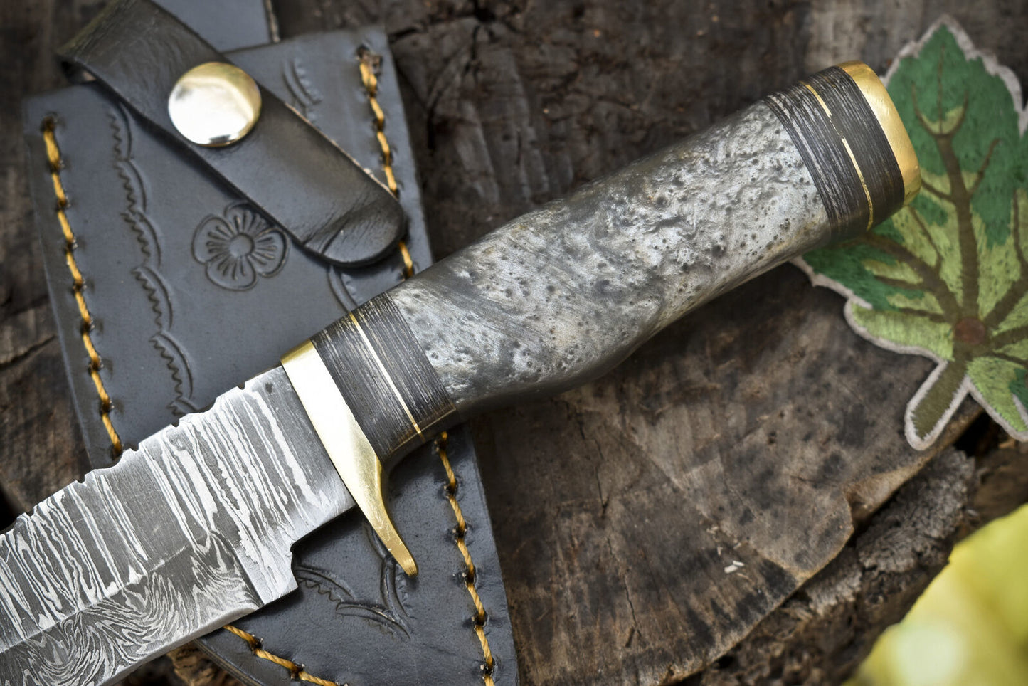 Custom Forged Twist Damascus Skinner Knife with Gut Hook Corian Handle and Brass Guard
