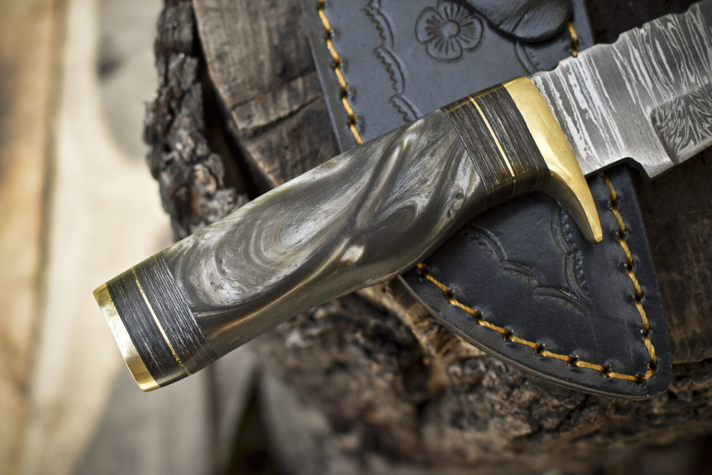 Custom Forged Twist Damascus Skinner Knife with Gut Hook Corian Handle and Brass Guard