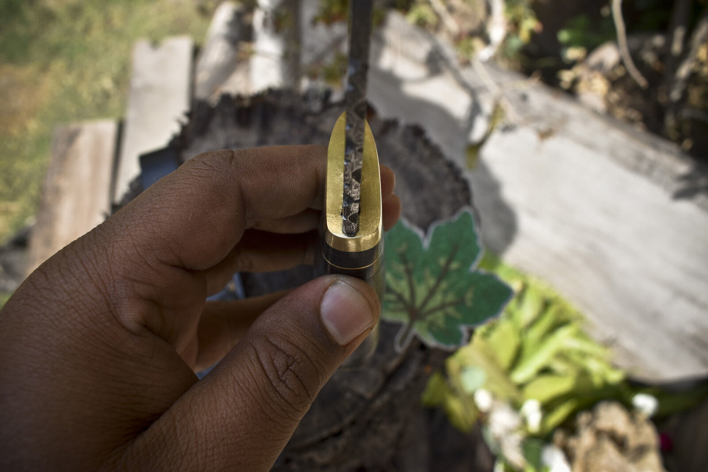 Custom Forged Twist Damascus Skinner Knife with Gut Hook Corian Handle and Brass Guard