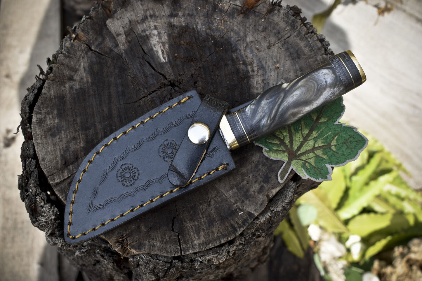Custom Forged Twist Damascus Skinner Knife with Gut Hook Corian Handle and Brass Guard