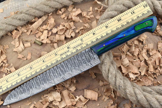 Custom Handmade Forged Damascus Steel Kitchen Chef Knife – Blue & Green Dollar Thappa Handle