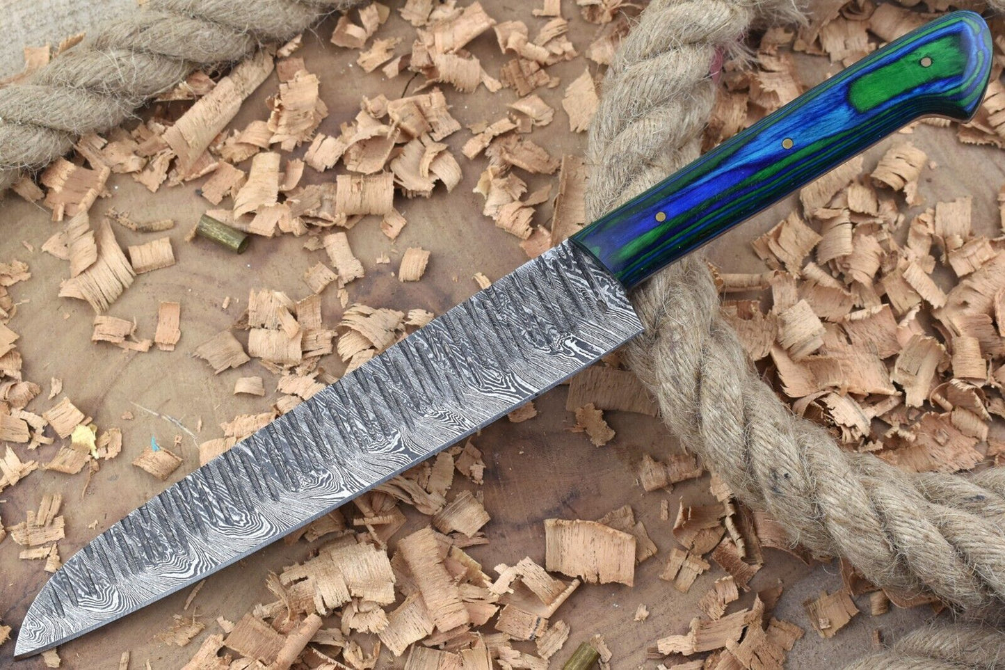 Custom Handmade Forged Damascus Steel Kitchen Chef Knife – Blue & Green Dollar Thappa Handle