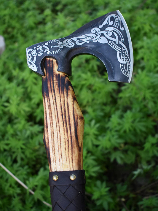 Custom Handmade Viking Bearded Hatchet – 19" Carbon Steel Outdoor Axe with Leather Wrapped Ash Wood Handle and Sheath