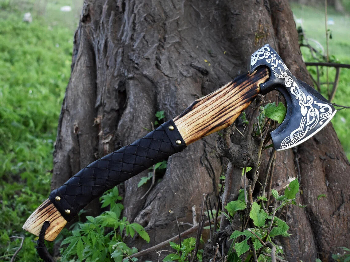 Custom Handmade Viking Bearded Hatchet – 19" Carbon Steel Outdoor Axe with Leather Wrapped Ash Wood Handle and Sheath