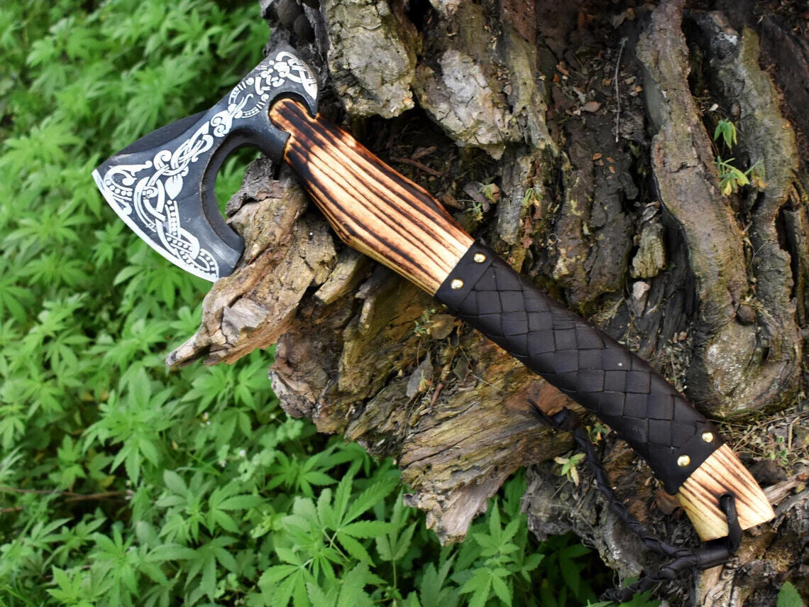 Custom Handmade Viking Bearded Hatchet – 19" Carbon Steel Outdoor Axe with Leather Wrapped Ash Wood Handle and Sheath