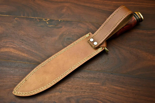 14" Damascus Steel Bowie Knife | Hardwood Handle & Leather Sheath