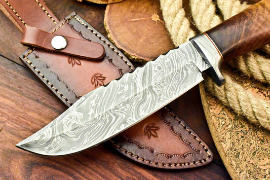 Rare Handmade Damascus Steel Bowie Knife – 12" Hunting Blade with Walnut Wood Handle