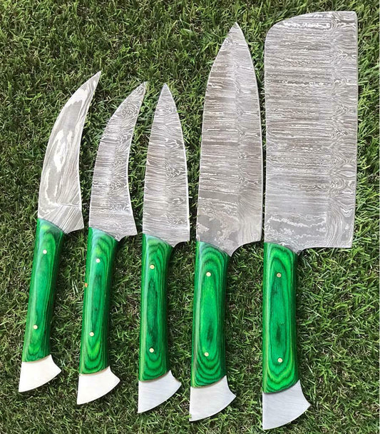 Custom Handmade Twist Damascus Steel Chef Knife Set with Walnut Wood Handle