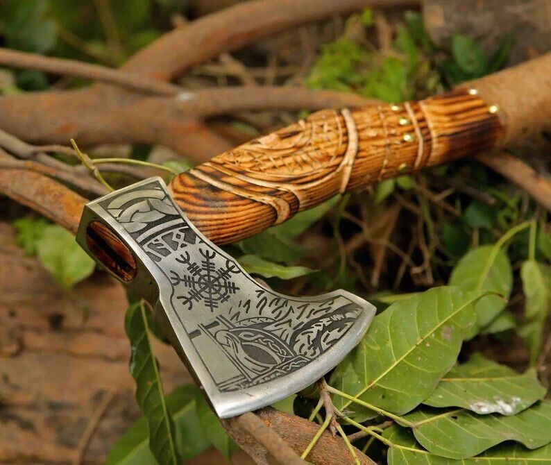 Battle Ready Viking Axe Hand Forged Carbon Steel with Hardwood Handle and Leather Sheath