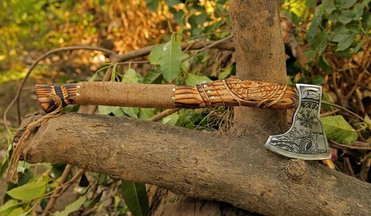Battle Ready Viking Axe Hand Forged Carbon Steel with Hardwood Handle and Leather Sheath