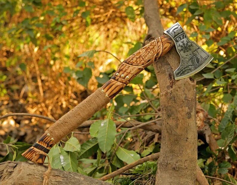 Battle Ready Viking Axe Hand Forged Carbon Steel with Hardwood Handle and Leather Sheath