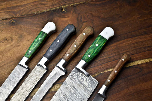 Lot of 5 Handmade Hammered Damascus Steel Blade Chef Knife Set – 384 Layer Full Tang Design
