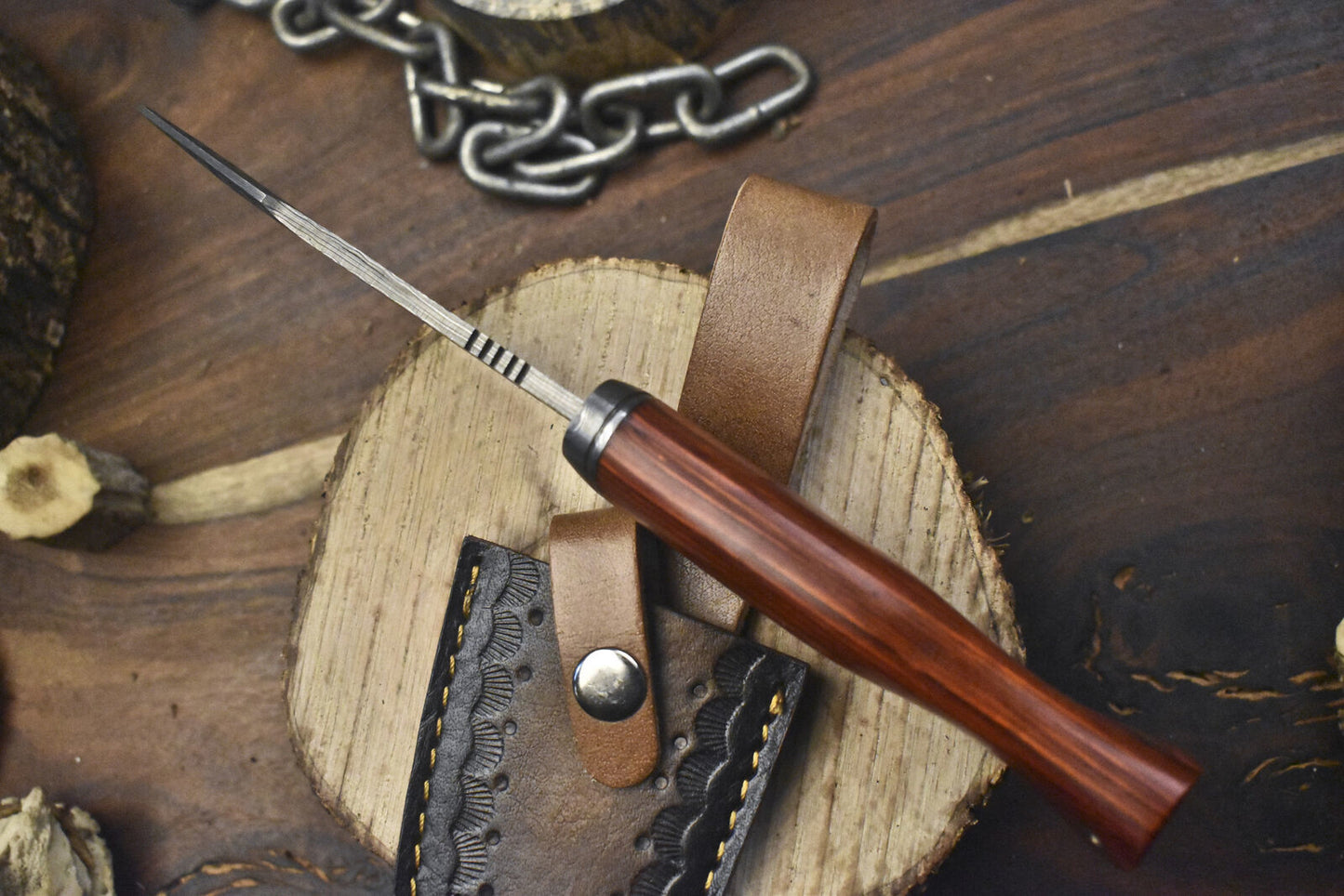 Custom Forged Hunting Skinner Knife Ladder Damascus Hard Wood Outdoor