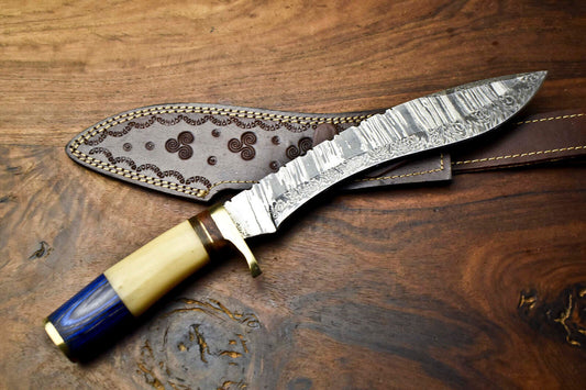 Heritage Forge 14 Inch Custom Handmade Damascus Hunting Bowie Knife with Camel Bone Handle