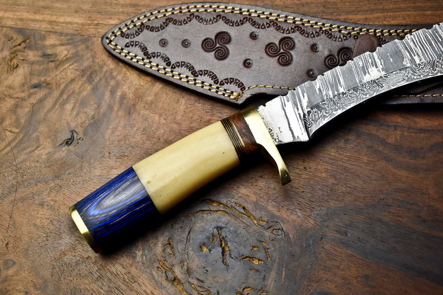 Heritage Forge 14 Inch Custom Handmade Damascus Hunting Bowie Knife with Camel Bone Handle