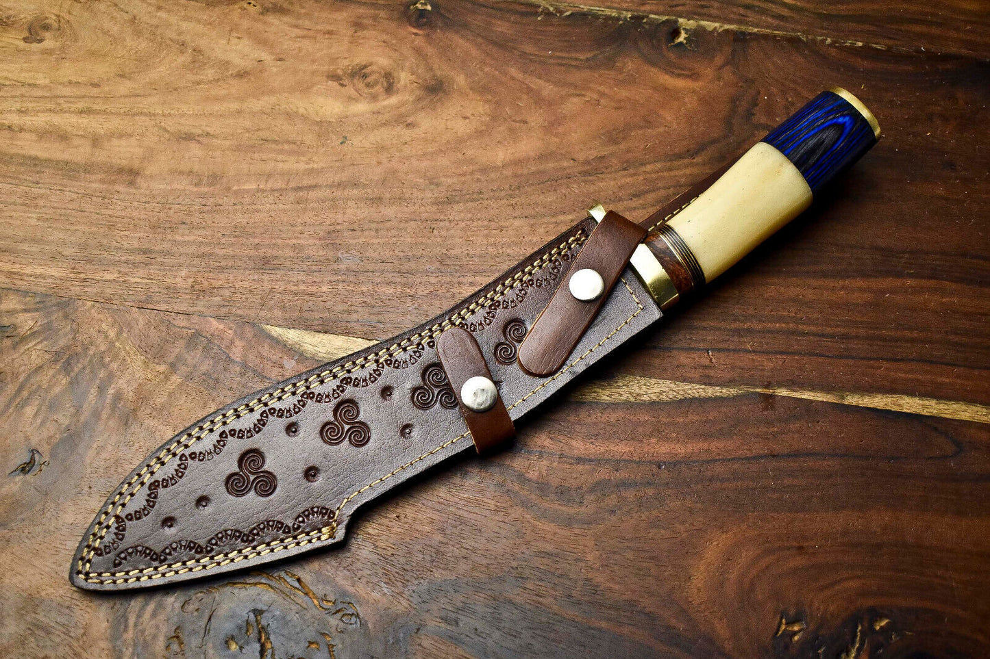Heritage Forge 14 Inch Custom Handmade Damascus Hunting Bowie Knife with Camel Bone Handle