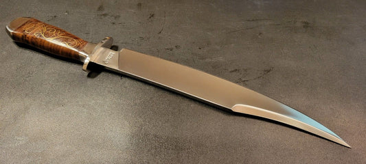 Custom D2 Steel Bowie Knife | 17" Brass Inlayed Burl Wood Handle with Leather Sheath