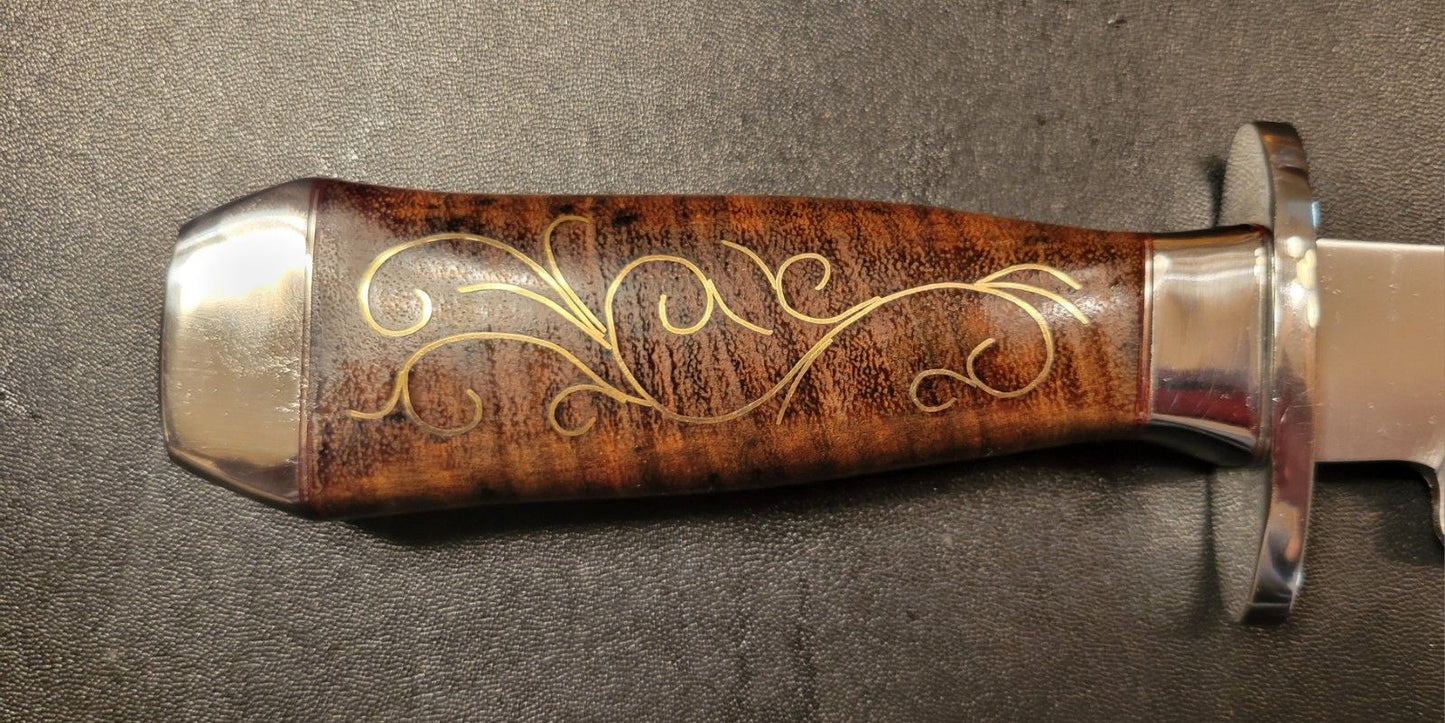 Custom D2 Steel Bowie Knife | 17" Brass Inlayed Burl Wood Handle with Leather Sheath
