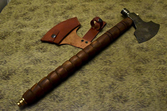 Handmade Damascus Walnut Wood Tomahawk Hunting Axe Knife with Pipe and Leather Sheath