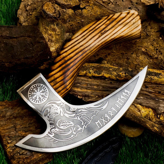 Hand Forged Carbon Steel Viking Bearded Cutter Axe with Ashwood Handle and Leather Sheath – Camping & Outdoor Tool