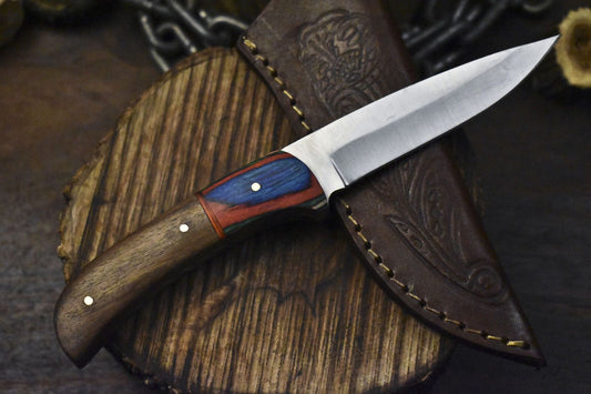 AUS-8 Skinner Knife – Walnut Wood Handle with Wooden Bolster, 8.5" Fishing & Hunting Knife