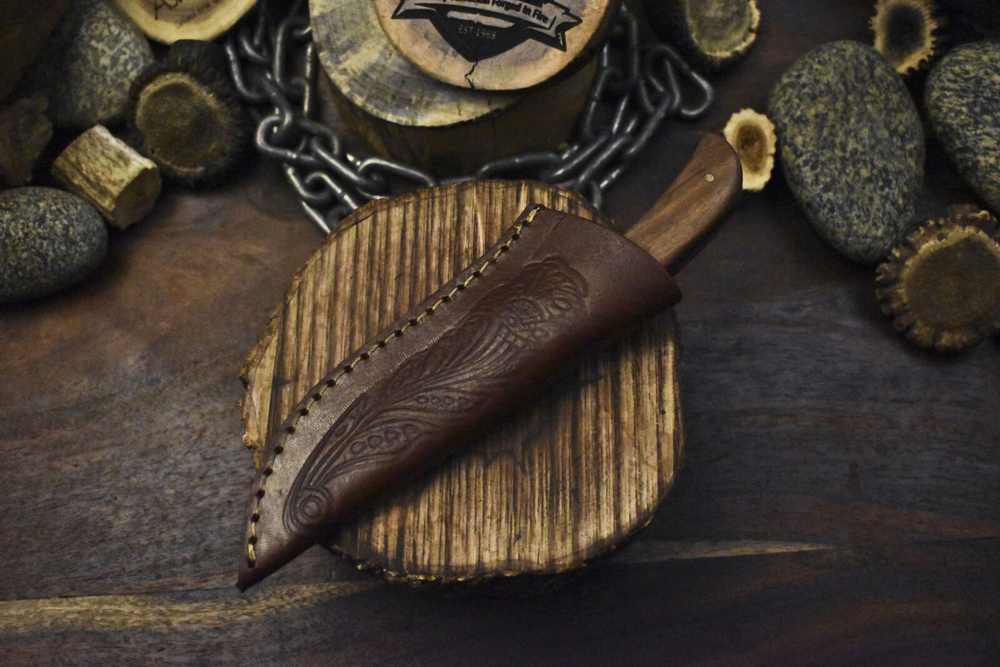 AUS-8 Skinner Knife – Walnut Wood Handle with Wooden Bolster, 8.5" Fishing & Hunting Knife