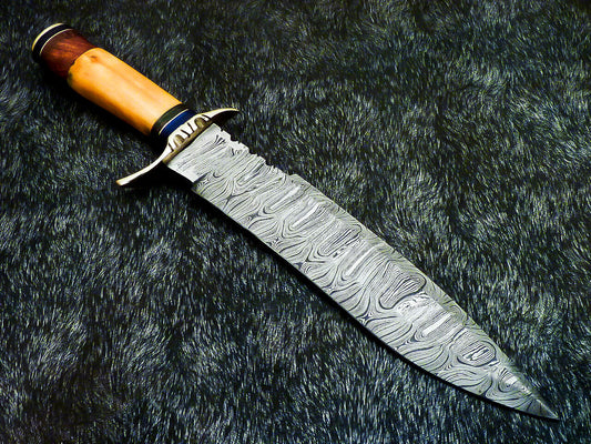 14" Hand-Forged Damascus Steel Bowie Hunting Knife – Stained Bone & Wood Handle