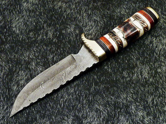 Authentic Hand Forged Damascus 12" Bowie Hunting Knife – Engraved Camel Bone Handle