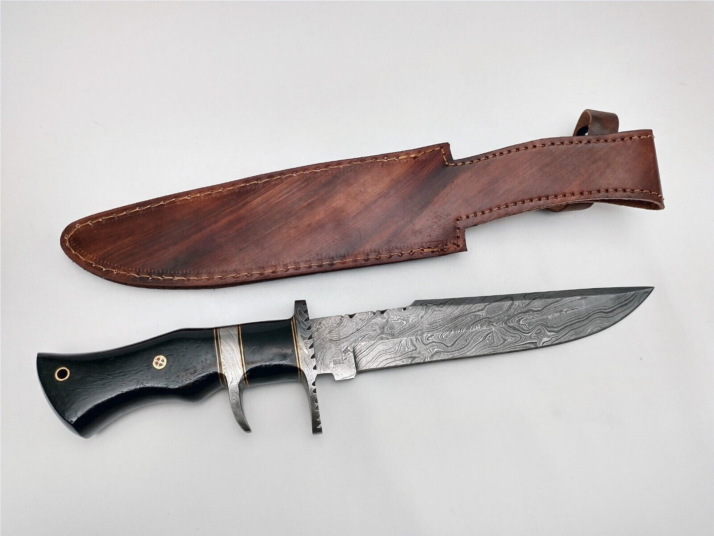 Heritage Forge Handmade Damascus Steel Bowie Knife with Rosewood Handle and Leather Sheath