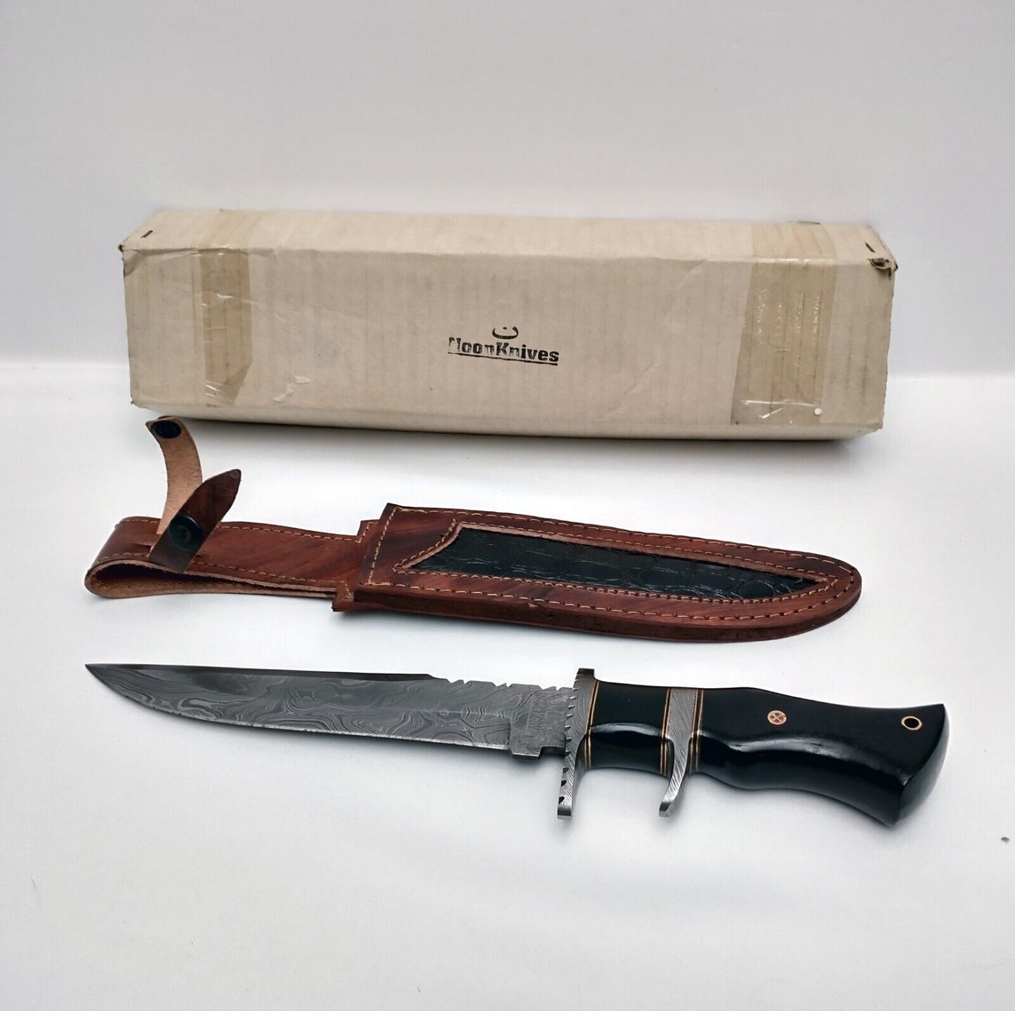 Heritage Forge Handmade Damascus Steel Bowie Knife with Rosewood Handle and Leather Sheath