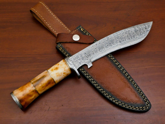 Heritage Forge 12" Damascus Steel Hunting Knife with Stained Camel Bone Handle