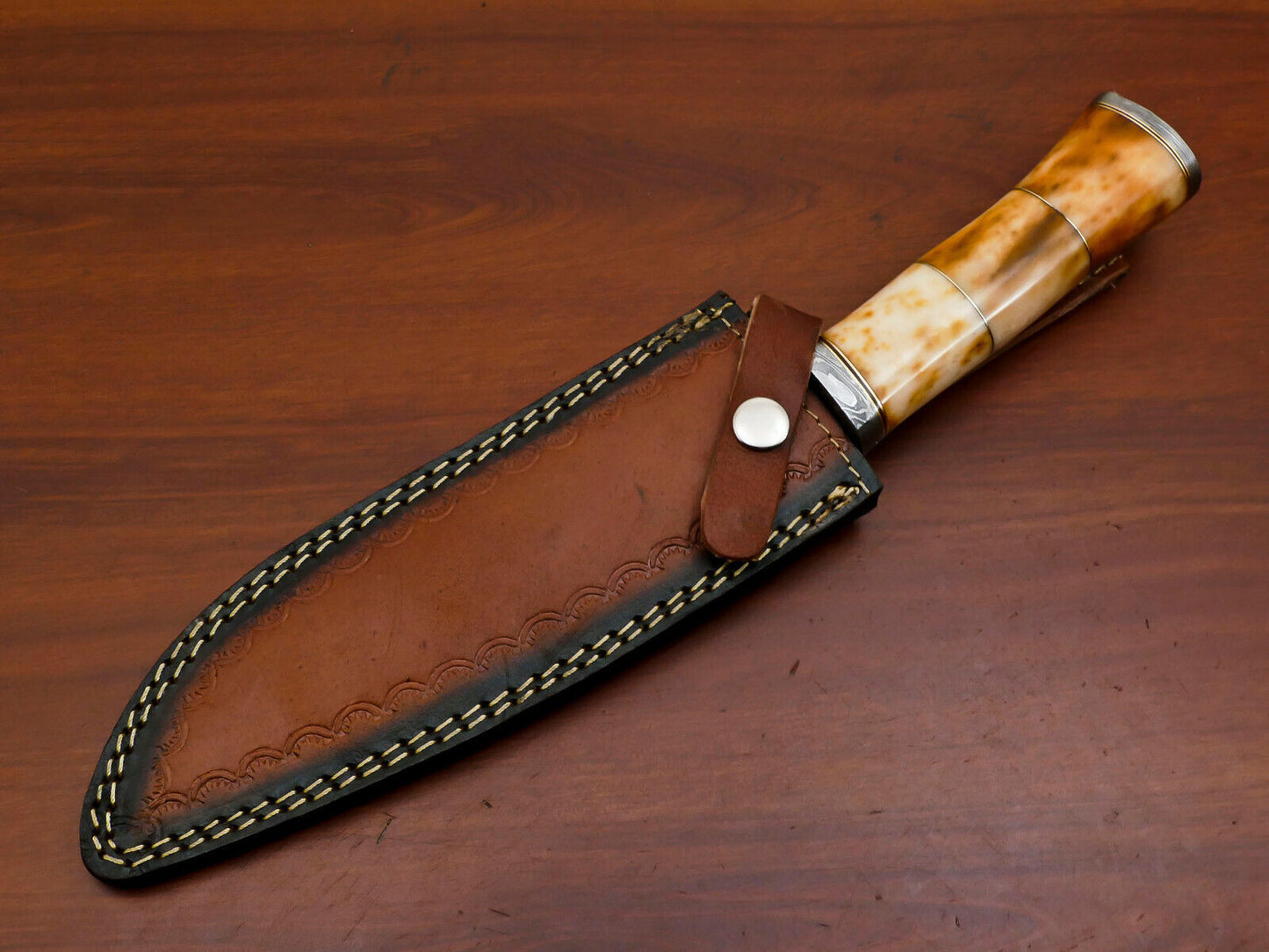 Heritage Forge 12" Damascus Steel Hunting Knife with Stained Camel Bone Handle