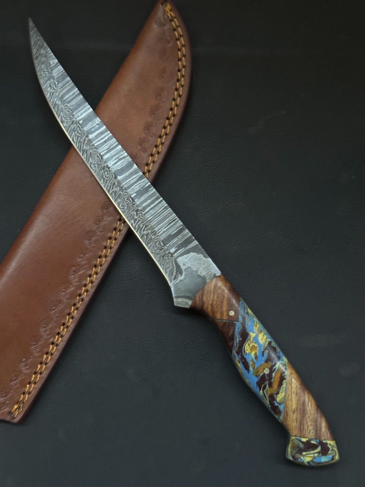 12" Handmade Damascus Fillet Knife Custom Fillet Knife with Resin & Wood Handle