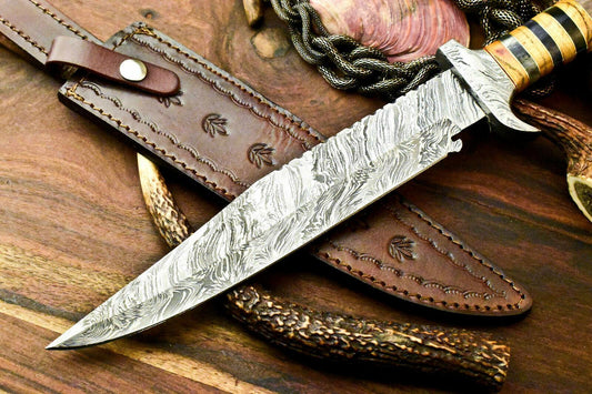 14.5" Rare Handmade Damascus Bowie Hunting Knife | Farms Camel Bone Handle