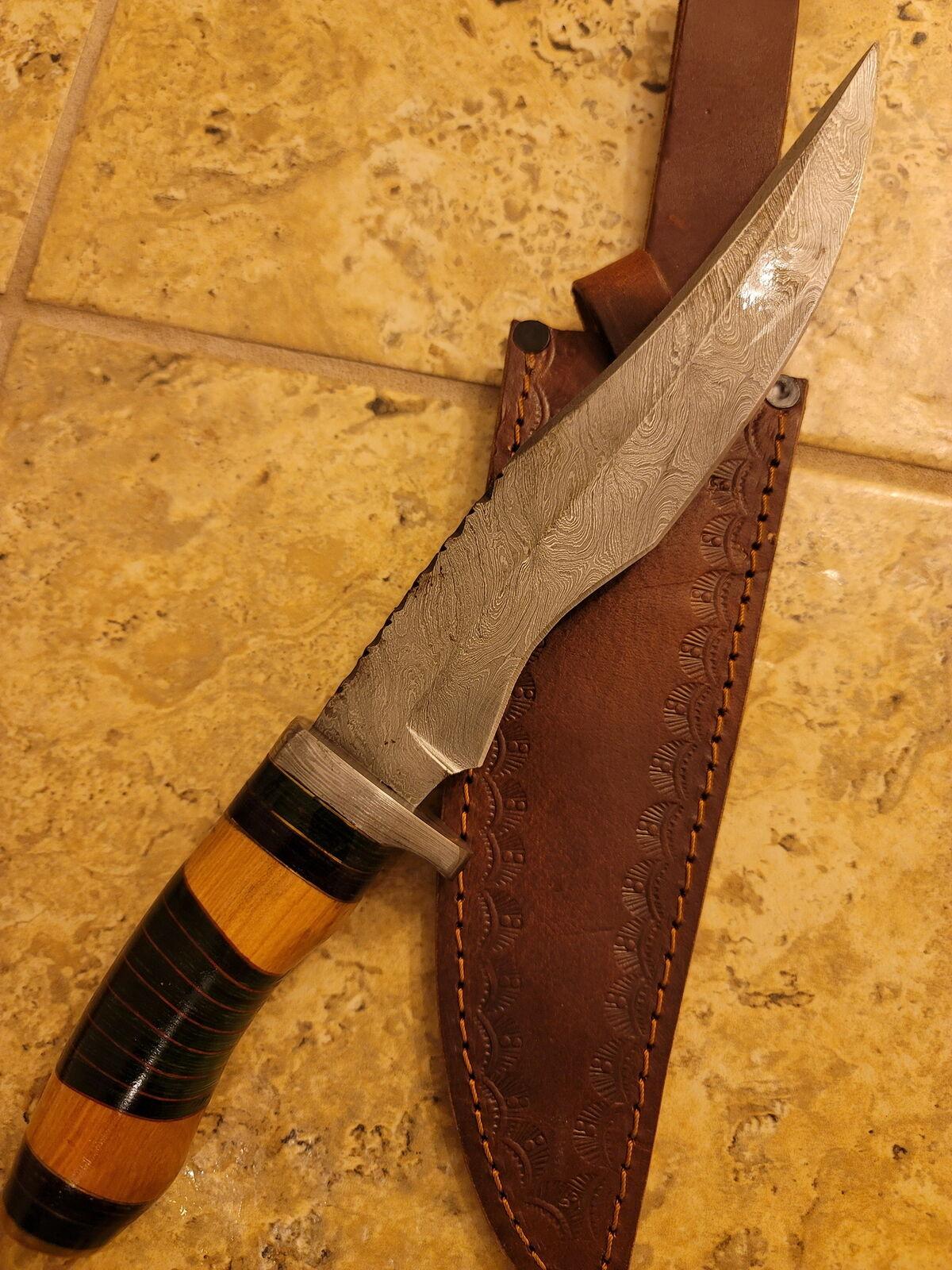 15" Handmade Damascus Hunting Bowie Knife – Olive Wood Handle
