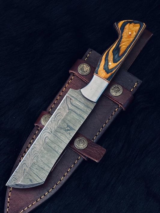 9.5" Custom Twist Damascus Steel Bowie Hunting Knife – Camel Bone & Wood Handle
