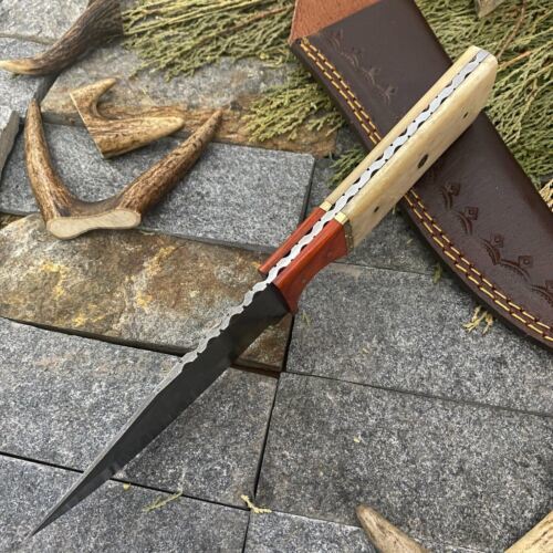 Heritage Forge Handmade Damascus Steel Skinner Bowie Knife with Bone and Wood Handle