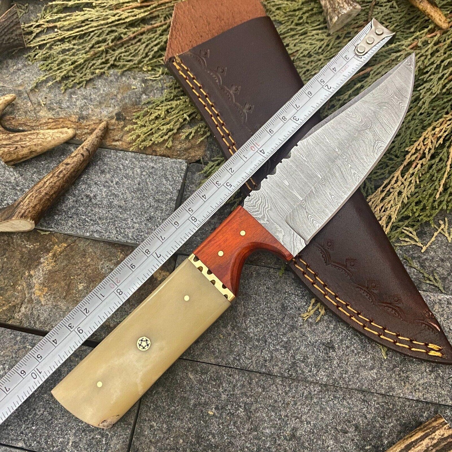 10" Damascus Hunting Bowie Knife – Wood & Bone Handle with Leather Sheath
