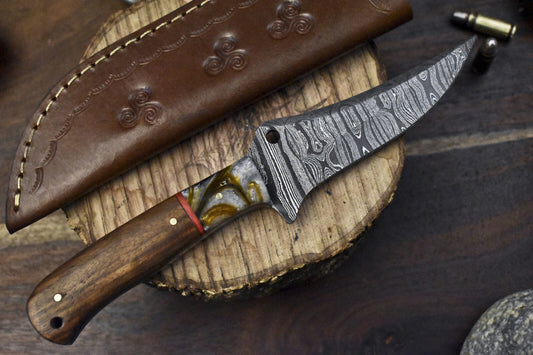 9" Twist Damascus Skinner Knife Walnut Wood Micarta Bolster EDC Hunting Knife