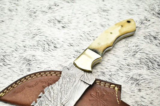 10.0" Handmade Damascus Steel Blade Tracker Knife | Polished Camel Bone Handle