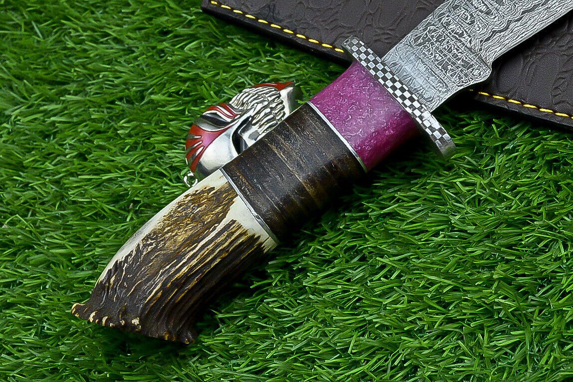 Heritage Forge 14" Damascus Steel Bowie Knife with Stag Horn and Resin Handle