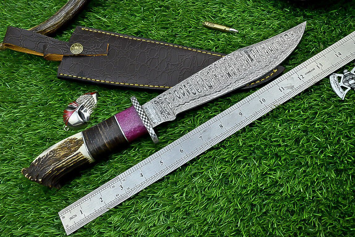 Heritage Forge 14" Damascus Steel Bowie Knife with Stag Horn and Resin Handle