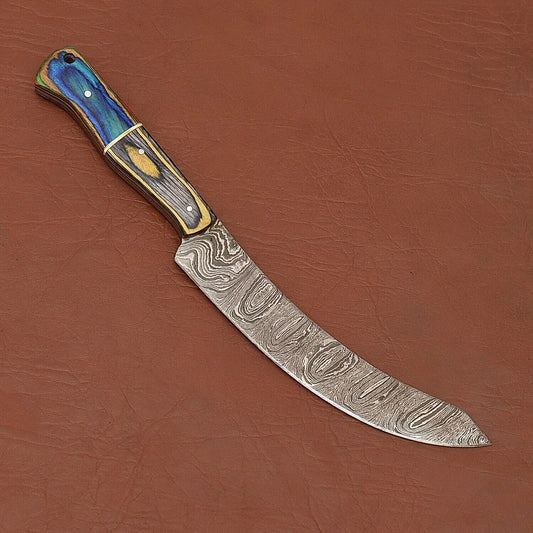 Custom Handmade Damascus Steel Chef Fillet Knife with Wood Handle & Leather Sheath