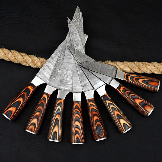 Hand Forged Damascus Steel Chef Kitchen Knife Set of 8 – Pakka Wood Handles + Leather Sheath