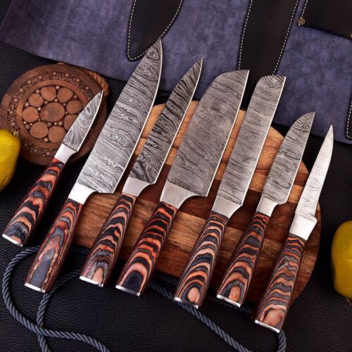 Hand Forged Damascus Steel Chef Kitchen Knife Set of 7 with Wood Handle + Sheath
