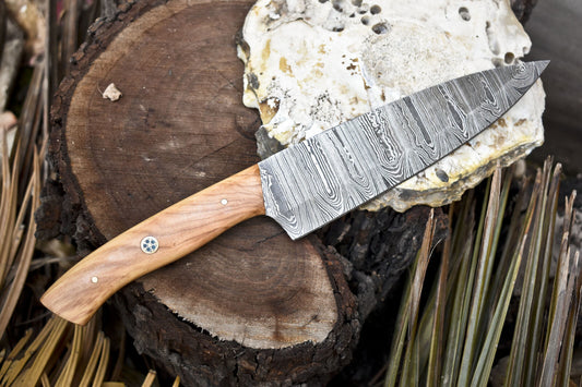 Forged Chef Knife B-Ring Damascus Olive Wood Camping Collectible