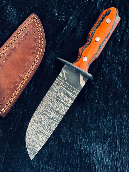 Heritage Forge 11 Inch Fire Damascus Hunting Knife with Camel Bone and Wood Handle