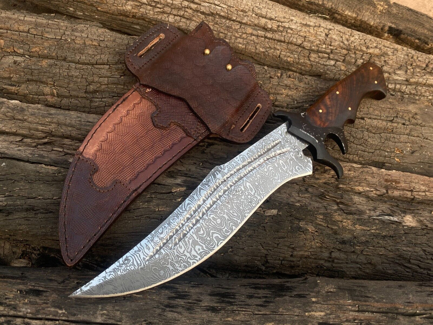 16" Hand Forged Damascus Steel Bowie Hunting Knife | Rosewood Handle + Leather Sheath
