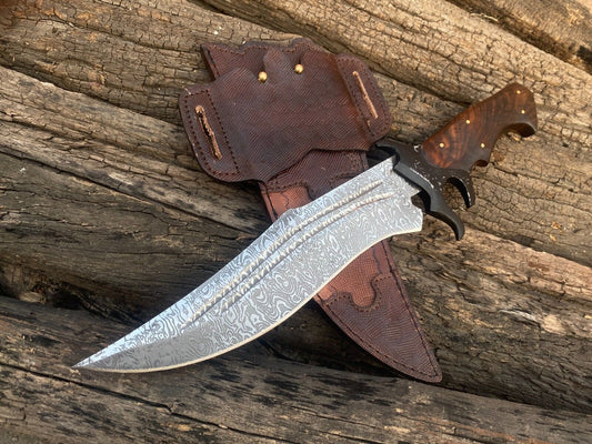 16" Hand Forged Damascus Steel Bowie Hunting Knife | Rosewood Handle + Leather Sheath