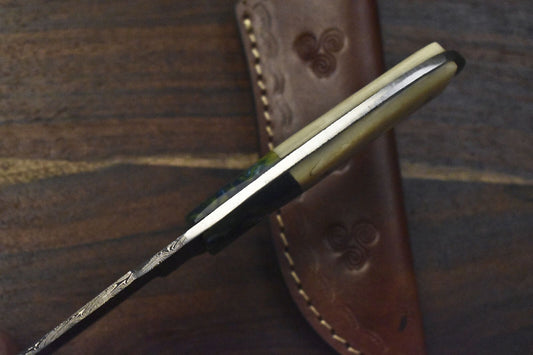 Edge Hand Forged 9 Inch Skinner Knife Twist Damascus Bone Handle w/ Gut Hook & Leather Sheath